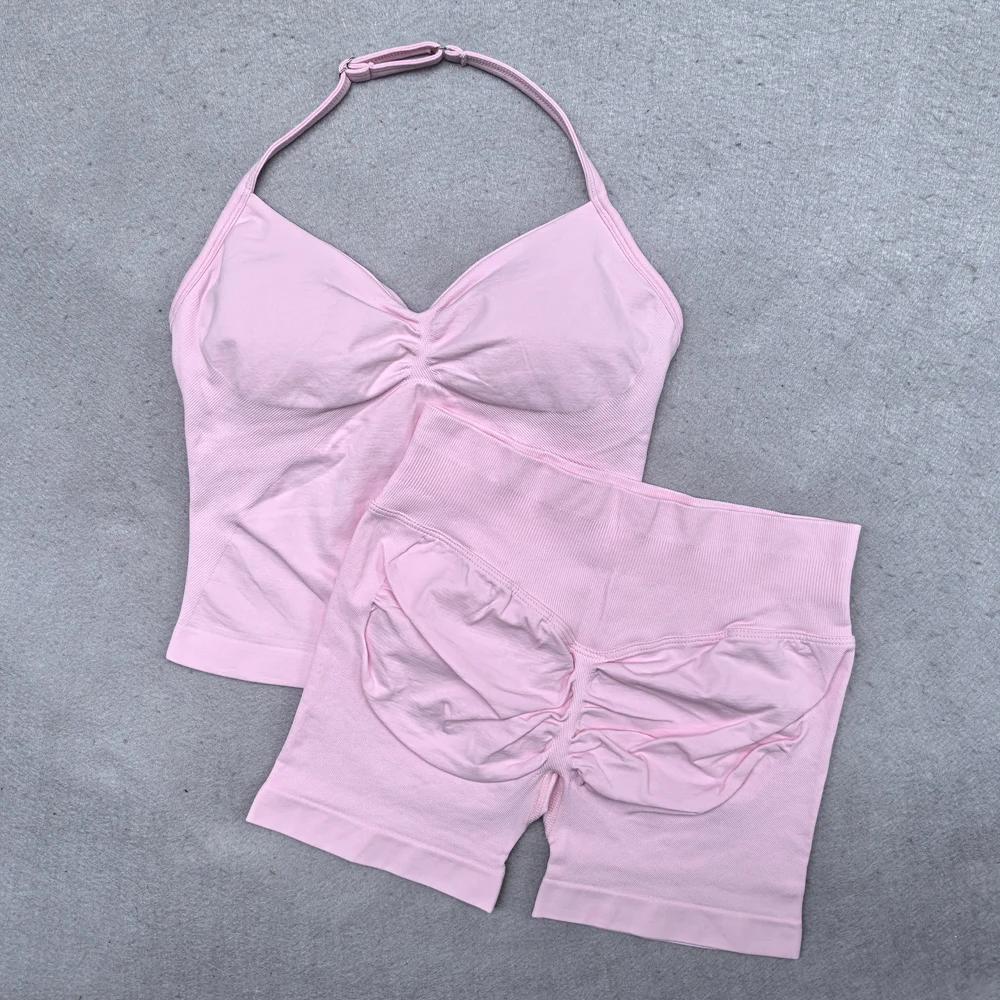 Ensemble de Yoga sans couture pour femmes, 2 pièces, débardeur rembourré, col licou, froissé, levage