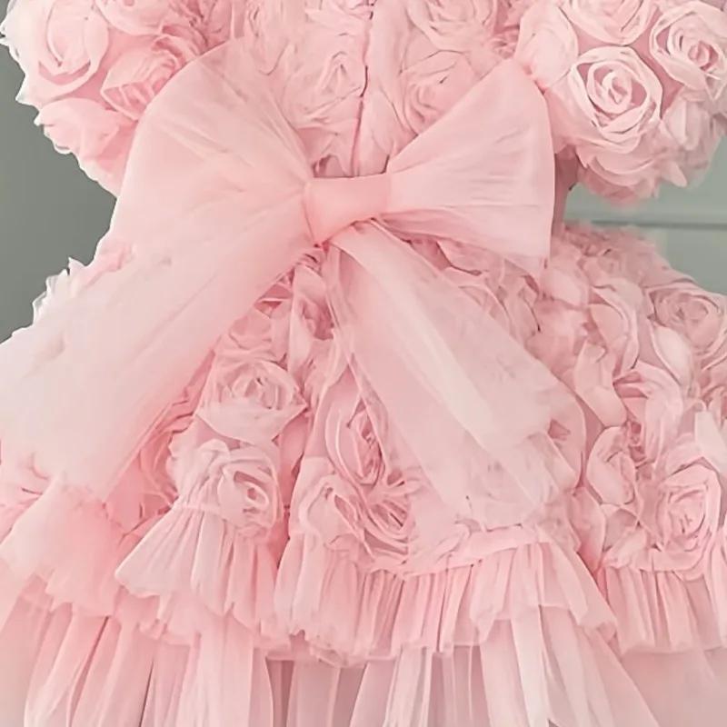 Robe Tutu princesse pour petites filles de 2 à 14 ans, motif floral 3D, Rose, pour fête de mariage,