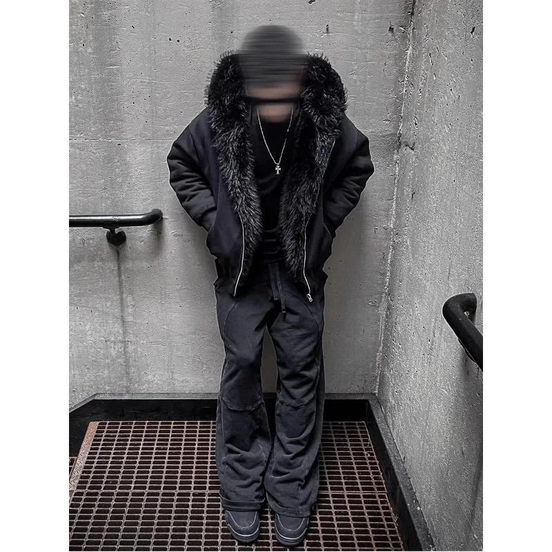Manteau Parka surdimensionné en fausse fourrure pour homme, épais et chaud, noir, réversible, avec c