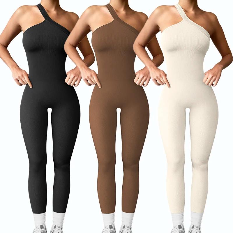 Combinaisons de Yoga pour femmes, côtelées, asymétrique épaule dénudée, une pièce, Sport, couleur un