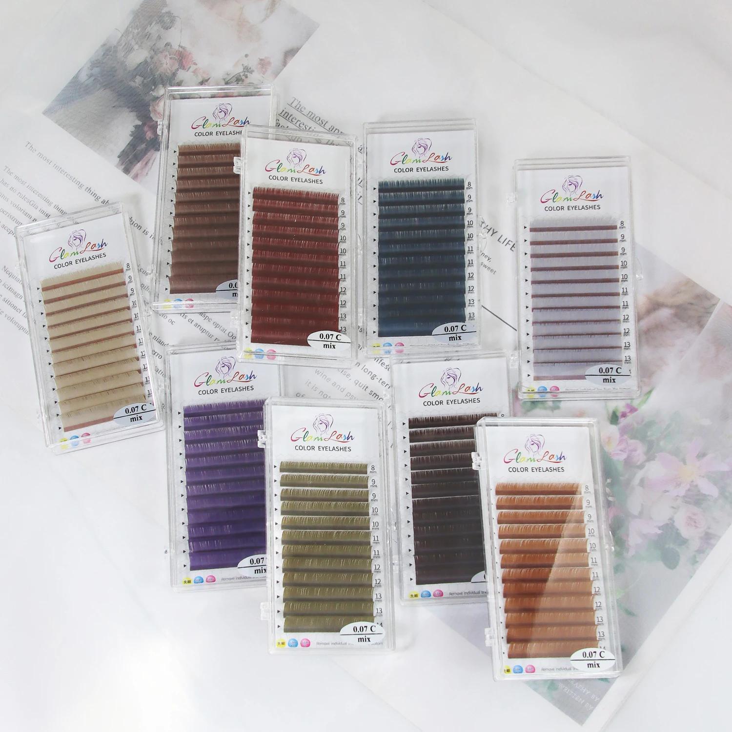 GLAMLASH cils colorés bleu lac/lavande/cannelle/vert foncé/gris Matcha Extension de faux cils coloré
