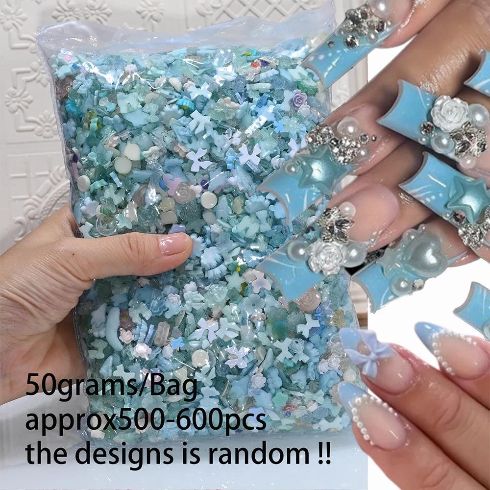 50 g/sac aléatoire bleu mixte arc/fleur Nail Art breloques 500-600 pièces résine camélia/Bowknot ong