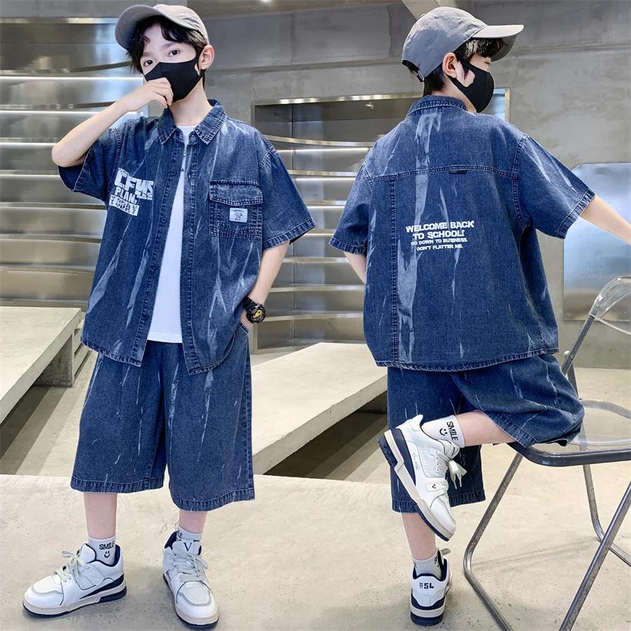 Ensemble d'été cool pour garçons, haut et bas en denim, chemise à manches courtes et short, 2 pièces
