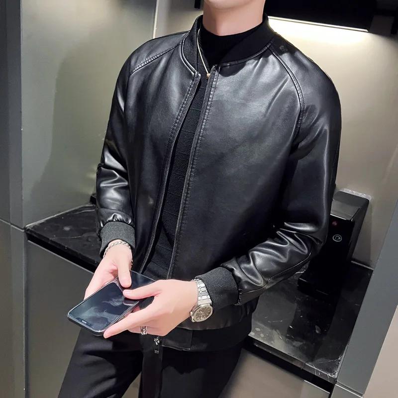 Nouvelle veste en similicuir pour homme, style motard, col montant, fermeture éclair, coupe ajustée,