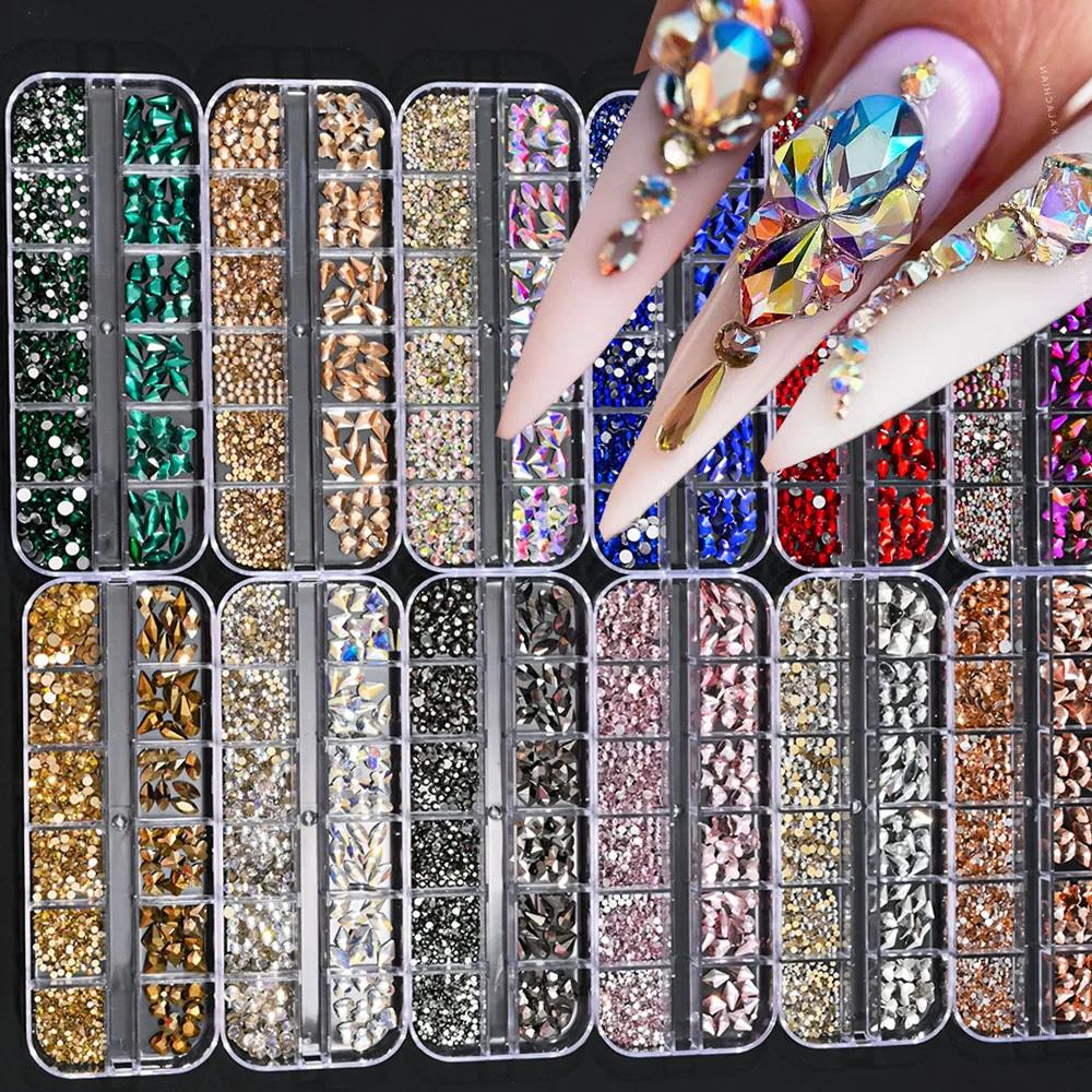 Strass en cristal de forme mixte pour Nail Art, 12 grilles, rose/rouge, pierres précieuses à dos pla