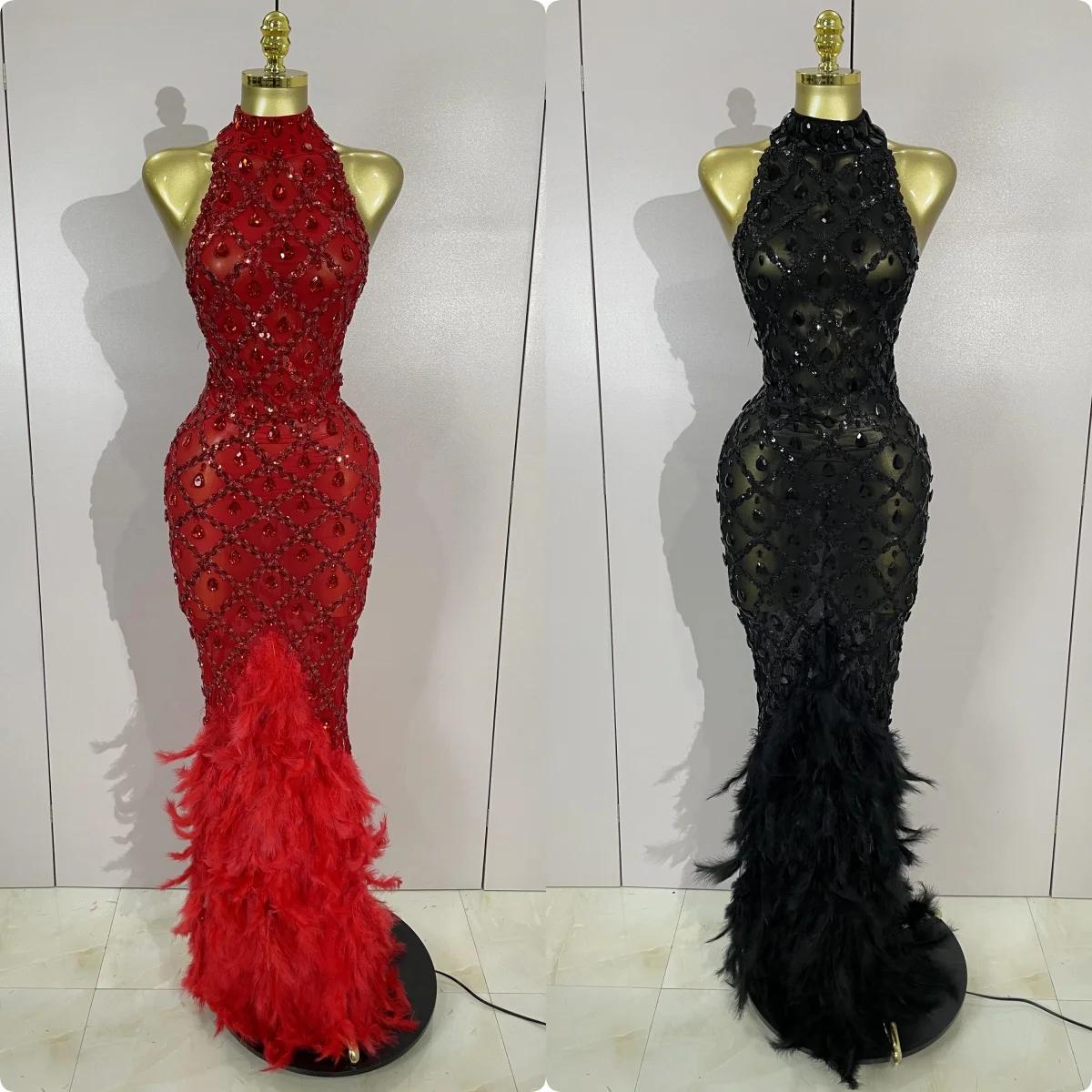 Luxe brillant rouge strass plume Sexy maille voir à travers longue robe femmes anniversaire soirée d