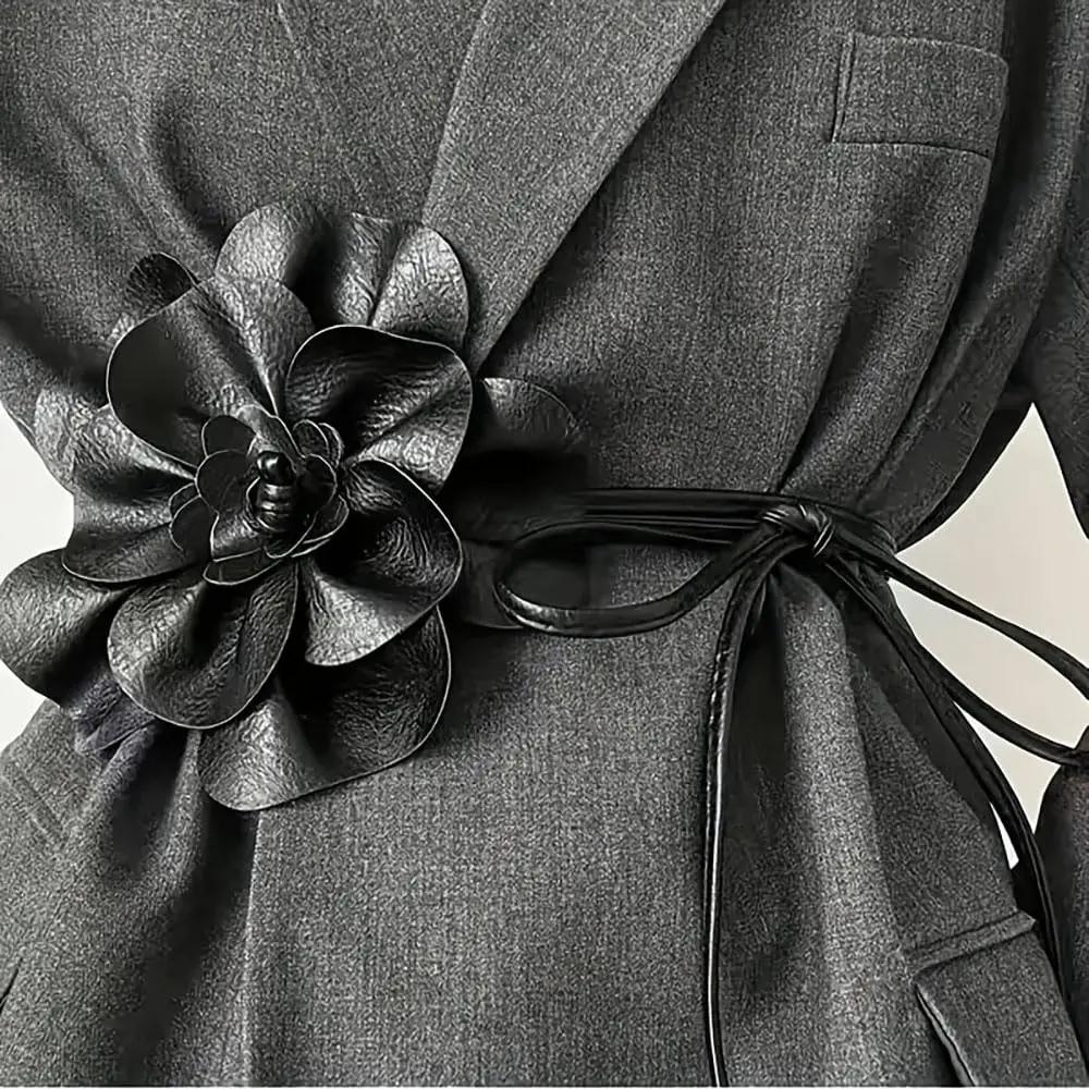 Ceinture de taille bohème en cuir PU – Grande ceinture enveloppante à cravate florale avec nœud pour