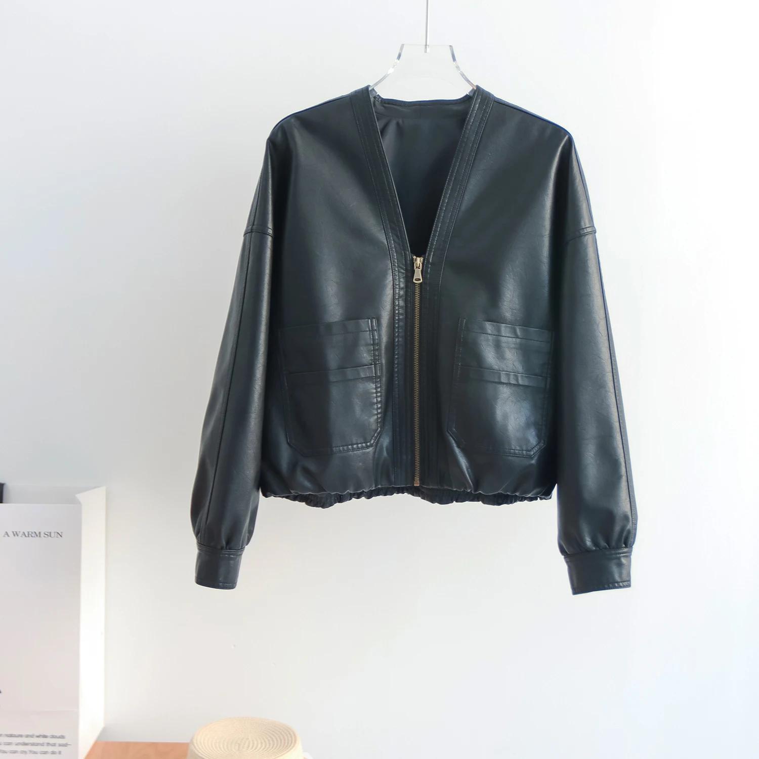 Blouson bomber en cuir PU pour femme — Veste zippée à col en V en similicuir avec ourlet élastique