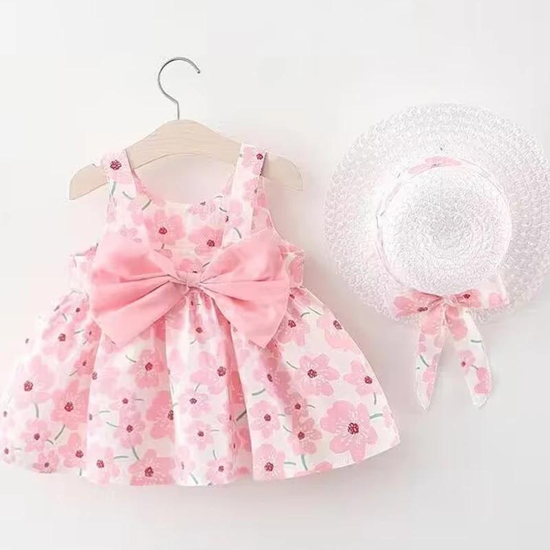 Vêtements d'été pour bébés de 0 à 3 ans, robe de princesse fleurie sans manches avec chapeau et nœud