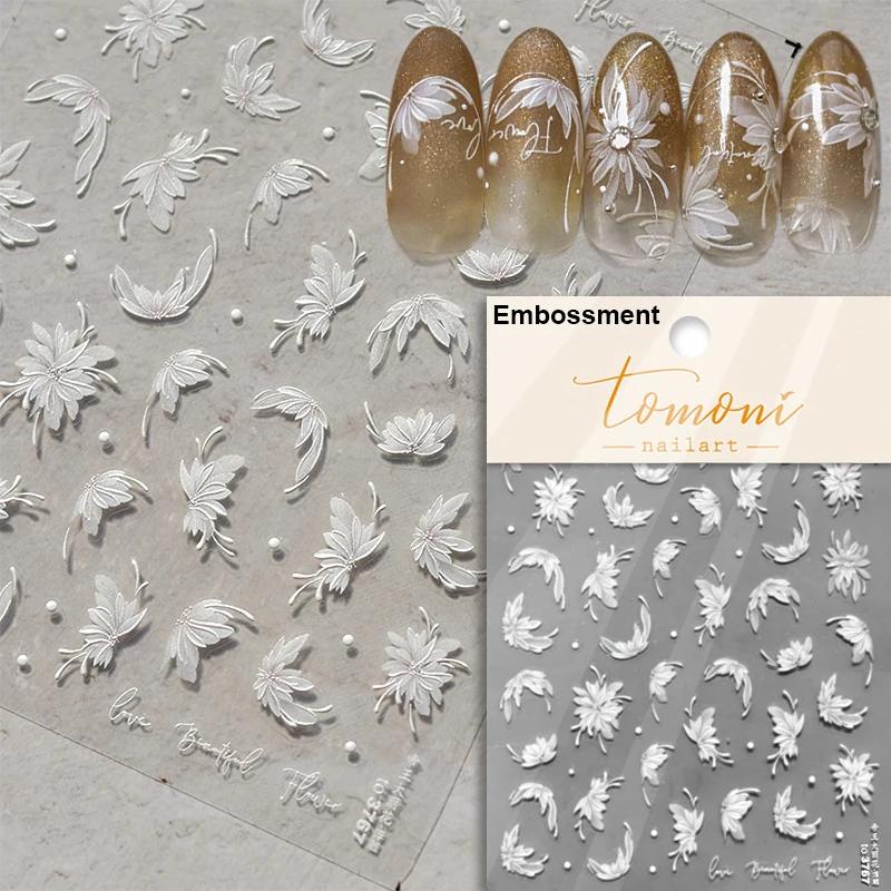 Autocollants pour ongles translucides 5D, haute qualité, en relief, blanc pur, perle dahlia, strass