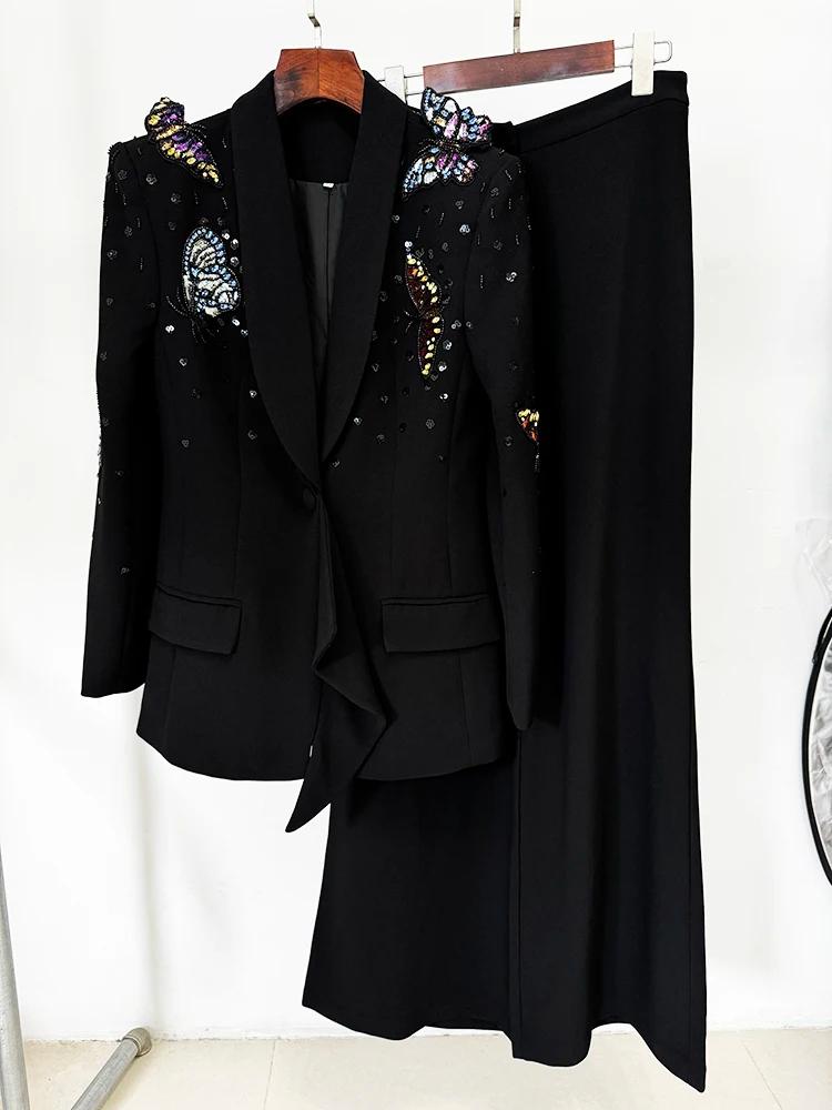 Blazer perlé papillon 3D pour femme, ensemble pantalon large, nouvelle mode, designer, piste trempée