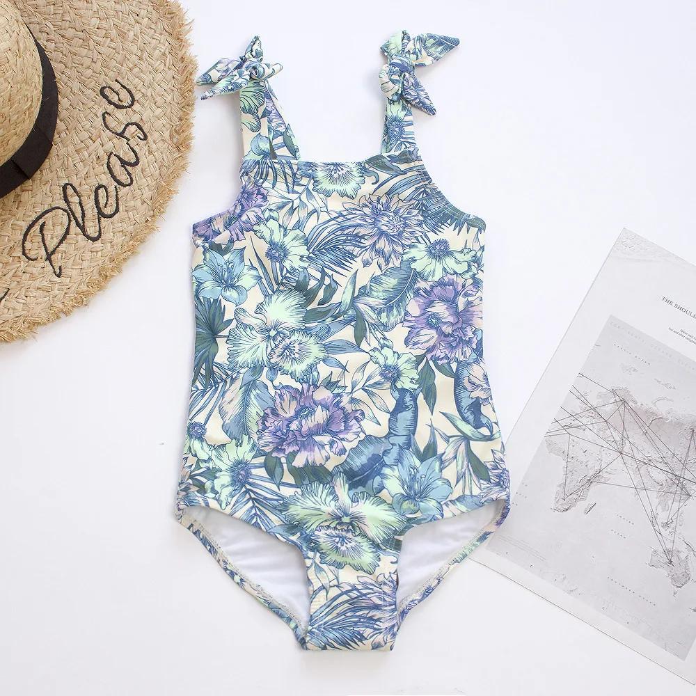 Été fleur imprimé filles enfants une pièce maillots de bain maillot de bain nœud déco enfants plage