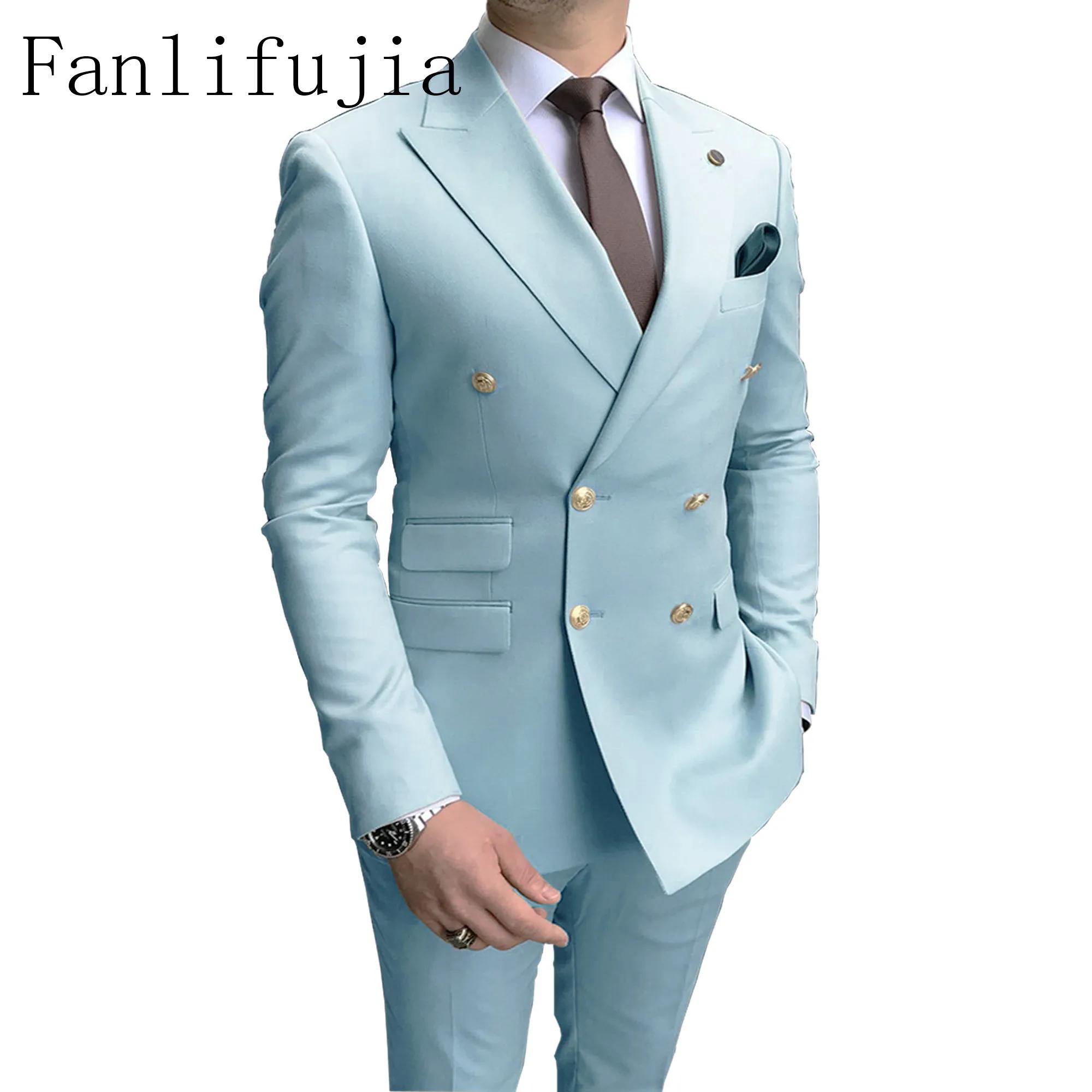Fanlifujia-Costumes décontractés bleu ciel pour hommes, revers Patricia à double boutonnage, bouton