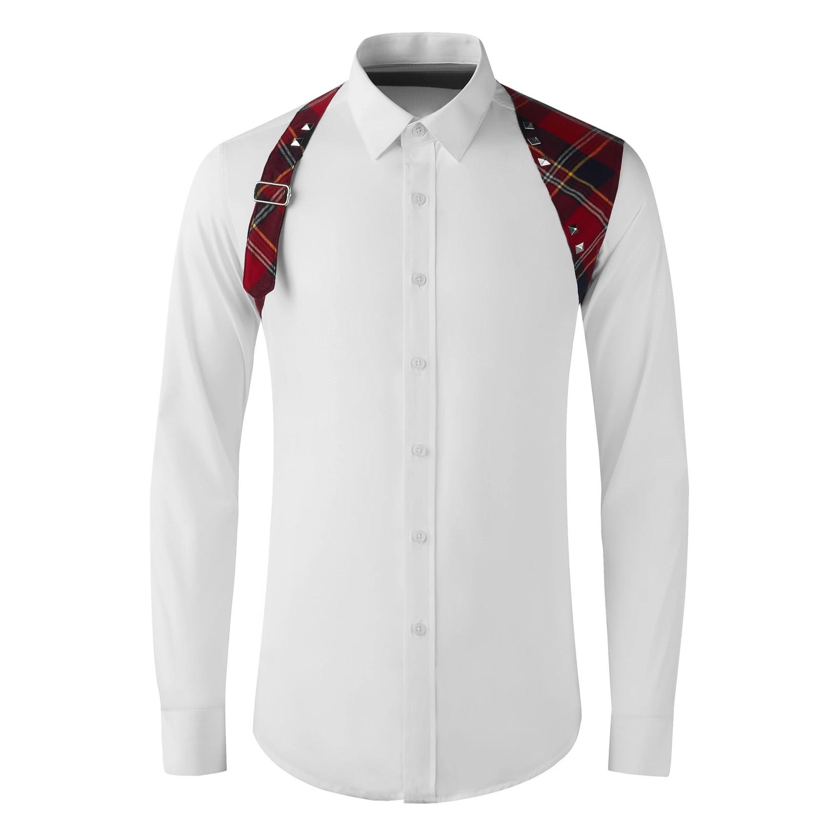 Chemise à manches longues pour hommes, bretelles d'épaule, épissure à carreaux, décoration à rivets,