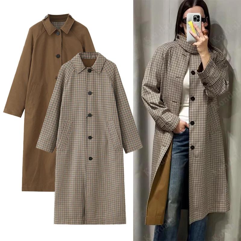 Vestes longues à carreaux Double face pour femmes, Trench-Coat à manches longues et simple boutonnag