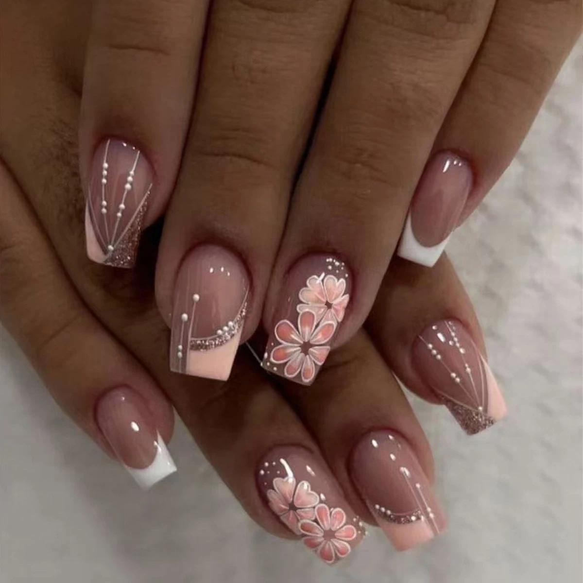 Faux ongles courts noirs solides, 24 pièces, avec motif de Rose, ballerine carrée artificielle, couv