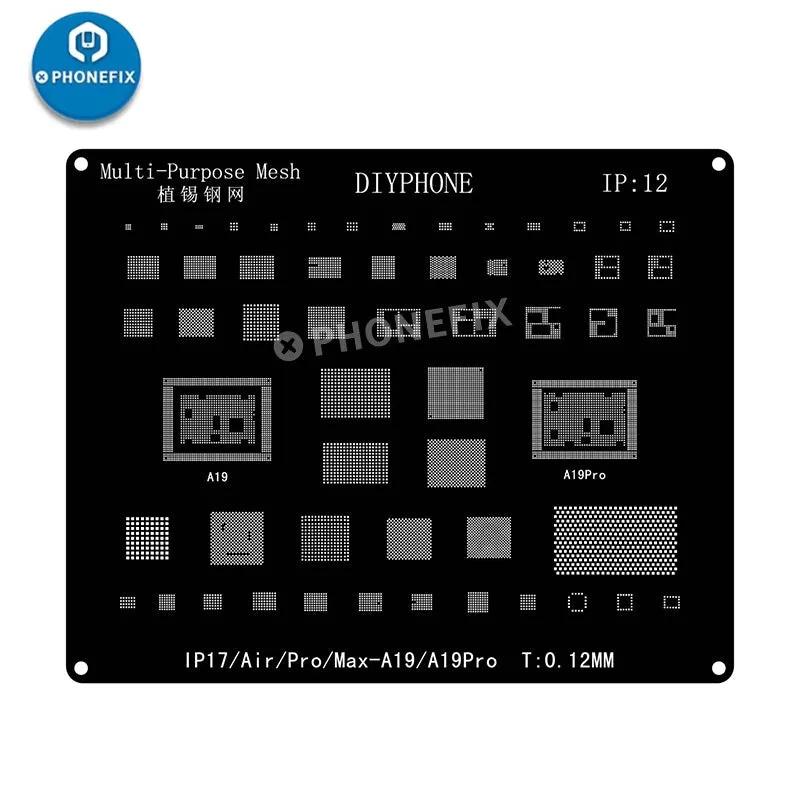 Kit de pochoirs de reballage DIYPHONE BGA pour iPhone 17 16 15 14 13 13mini 11 12 Pro Max, filet à s