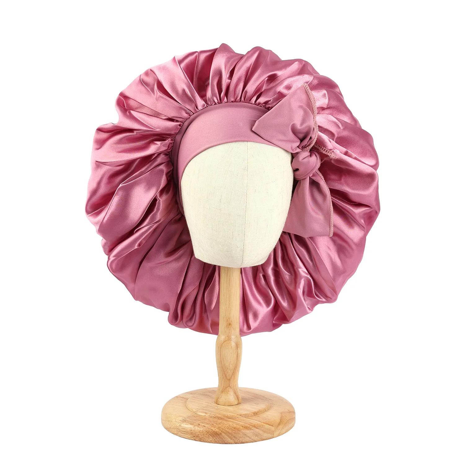 Grand Bonnet en Satin pour femmes, Bonnet de nuit soyeux avec bandeau à nouer extensible, bonnet de