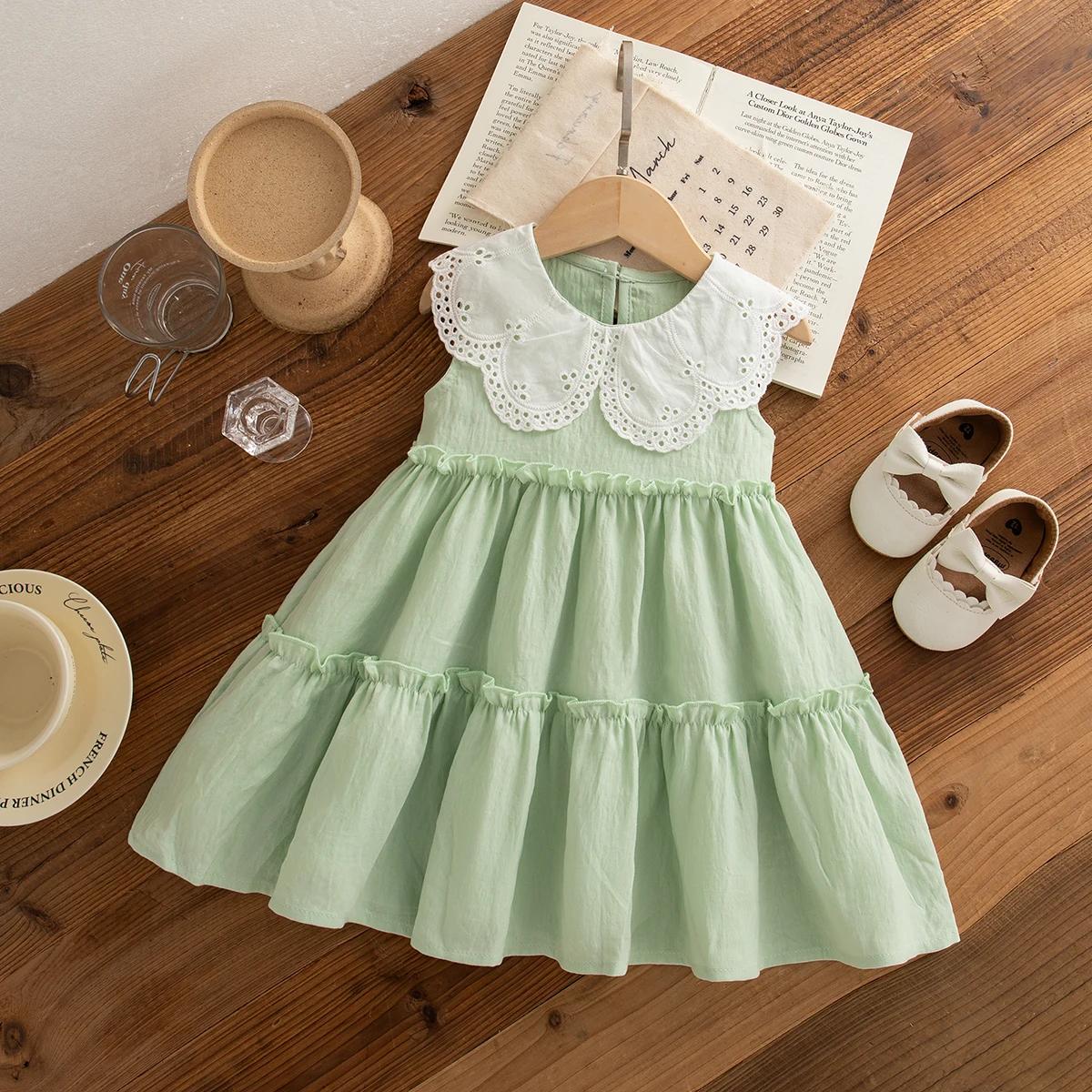 Vêtements d'été en coton pour petites filles, couleur unie, sans manches, à revers, robes de plage m