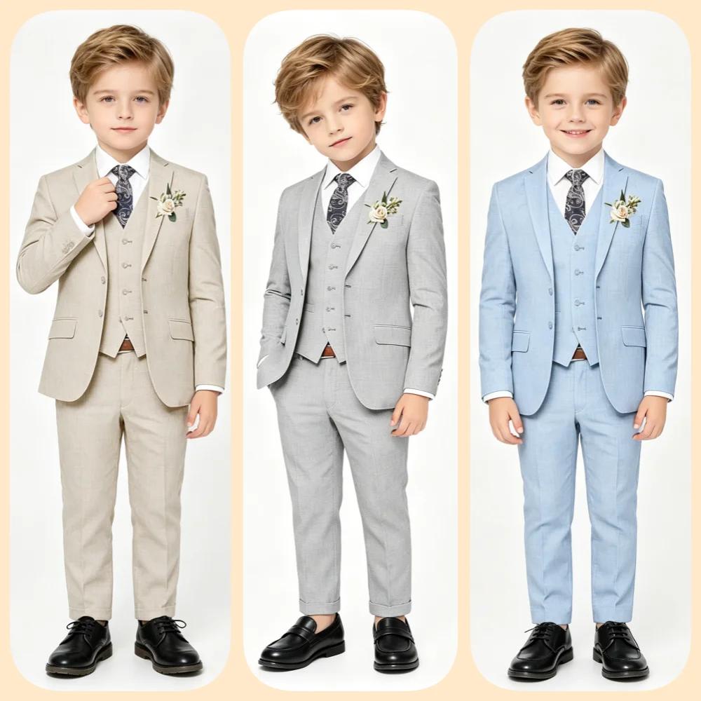 Ensemble 4 pièces élégant en lin pour garçons avec nœud papillon floral 2026 – Blazer, gilet et pant