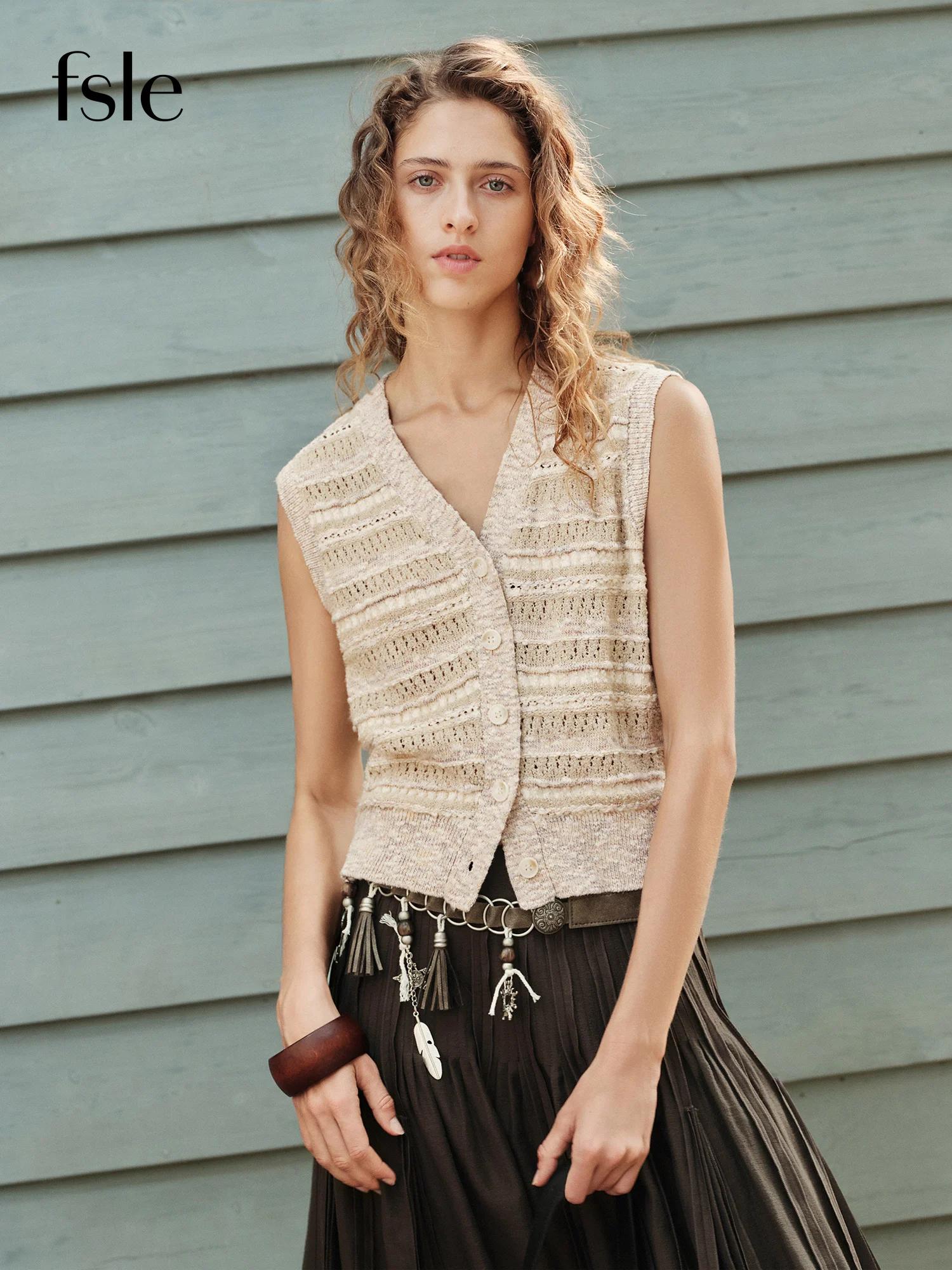 FSLE【Série Premium】Débardeur en tricot sans manches à col en V pour femme, coupe ajustée, style mode
