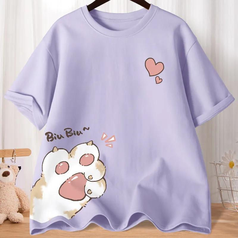 T-shirt à manches courtes pour femmes, ample, surdimensionné, avec griffe de chat douce, amour, impr
