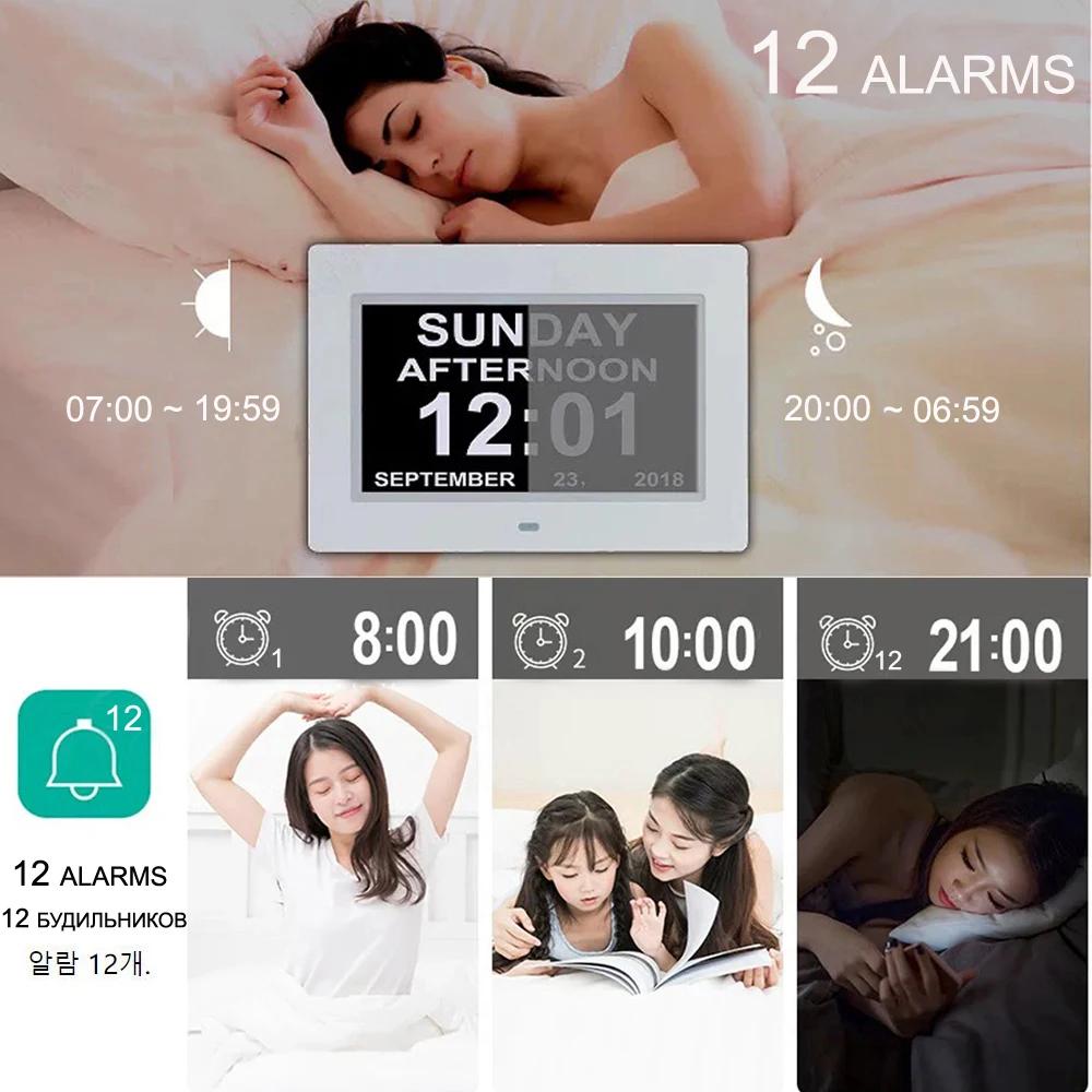 Horloge de calendrier LED avec 12 groupes d'horloges d'alarme réglables. Idéal pour les personnes âg