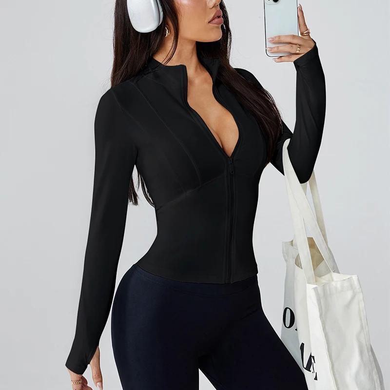 Vêtements de yoga pour femmes, veste à col montant avec fermeture éclair, amincissante, protection s
