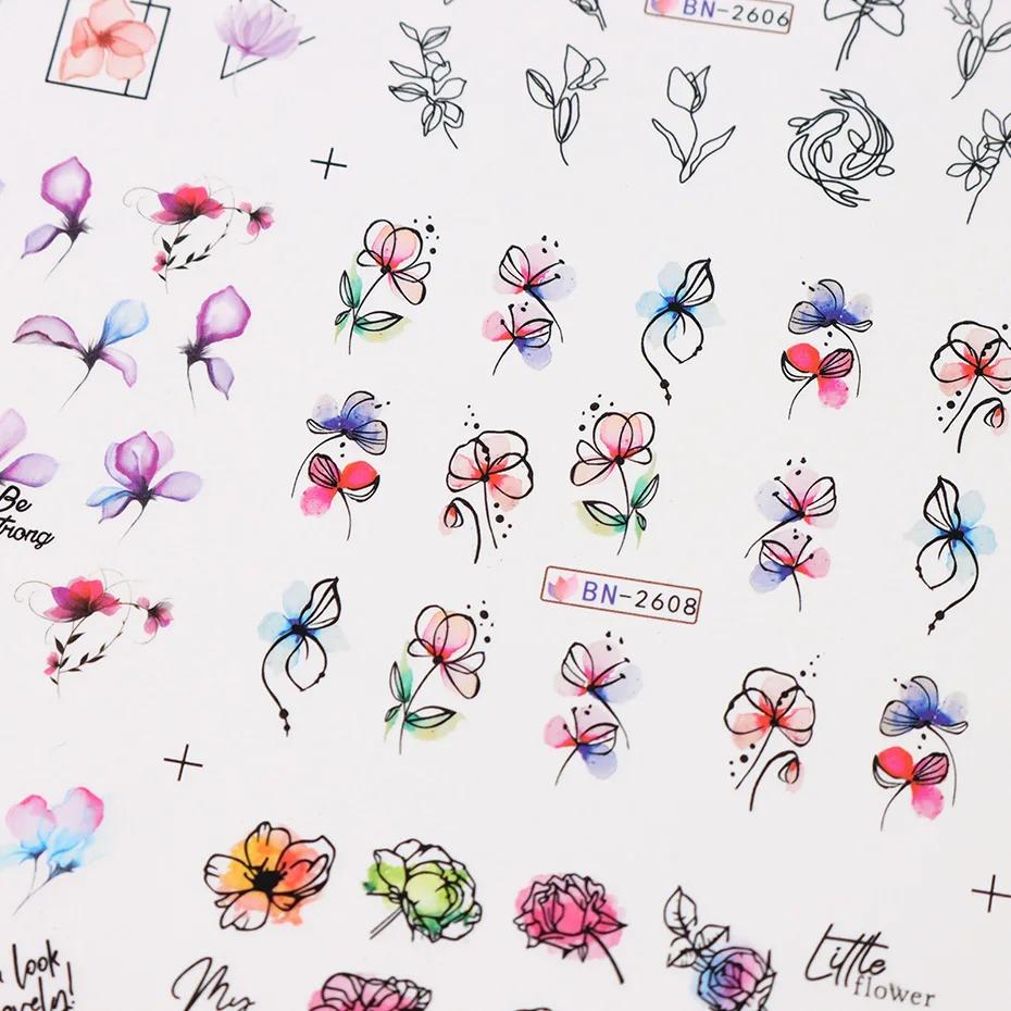 Autocollant de fleurs d'encre pour Nail Art, 12 pièces, décalcomanie d'eau d'été, fleurs en fleurs,