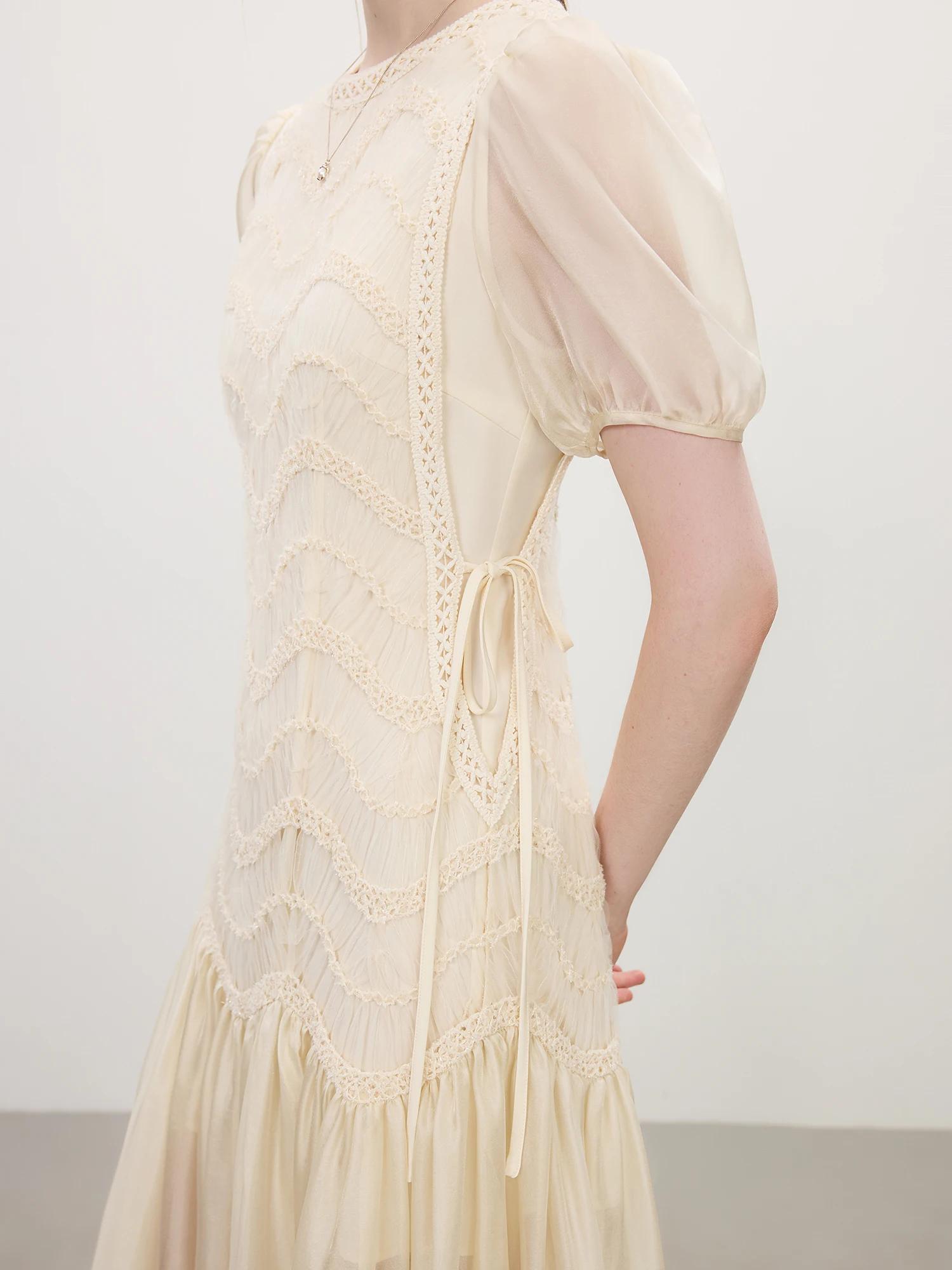 FSLE 2025 été femmes maille broderie robe évider épissage bulle manches taille cravate Y2K à la mode