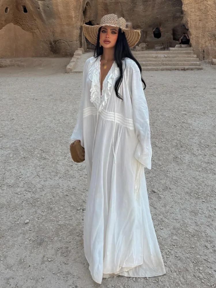 HH – robe longue de plage pour femmes, blanche, col en v, manches longues, bord à volants, décoratio