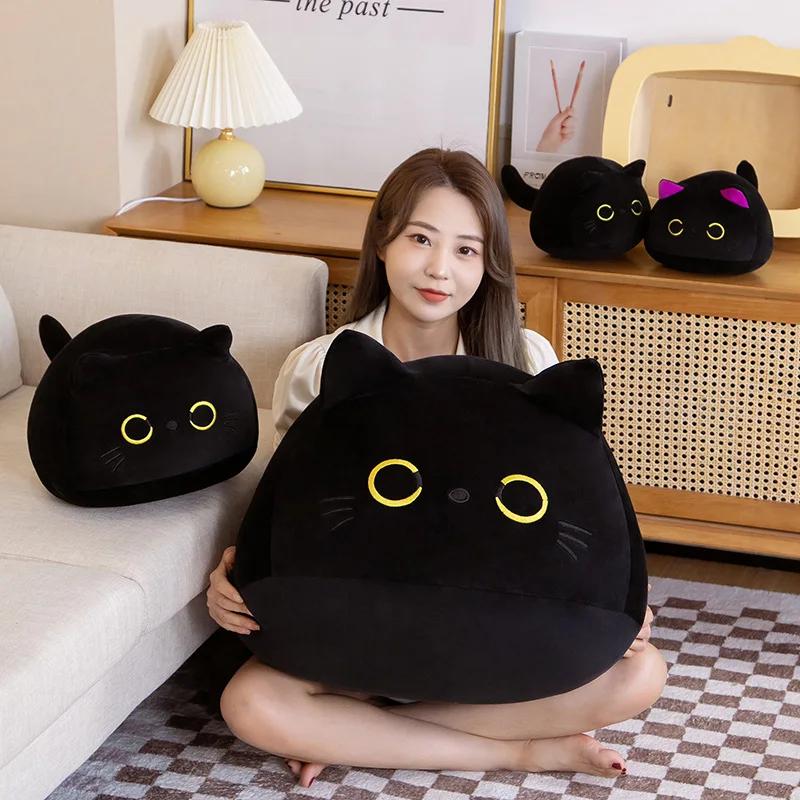 Oreiller rond en peluche de chat noir de grande taille 9-70cm, Kawaii, jouets de couchage, poupées d