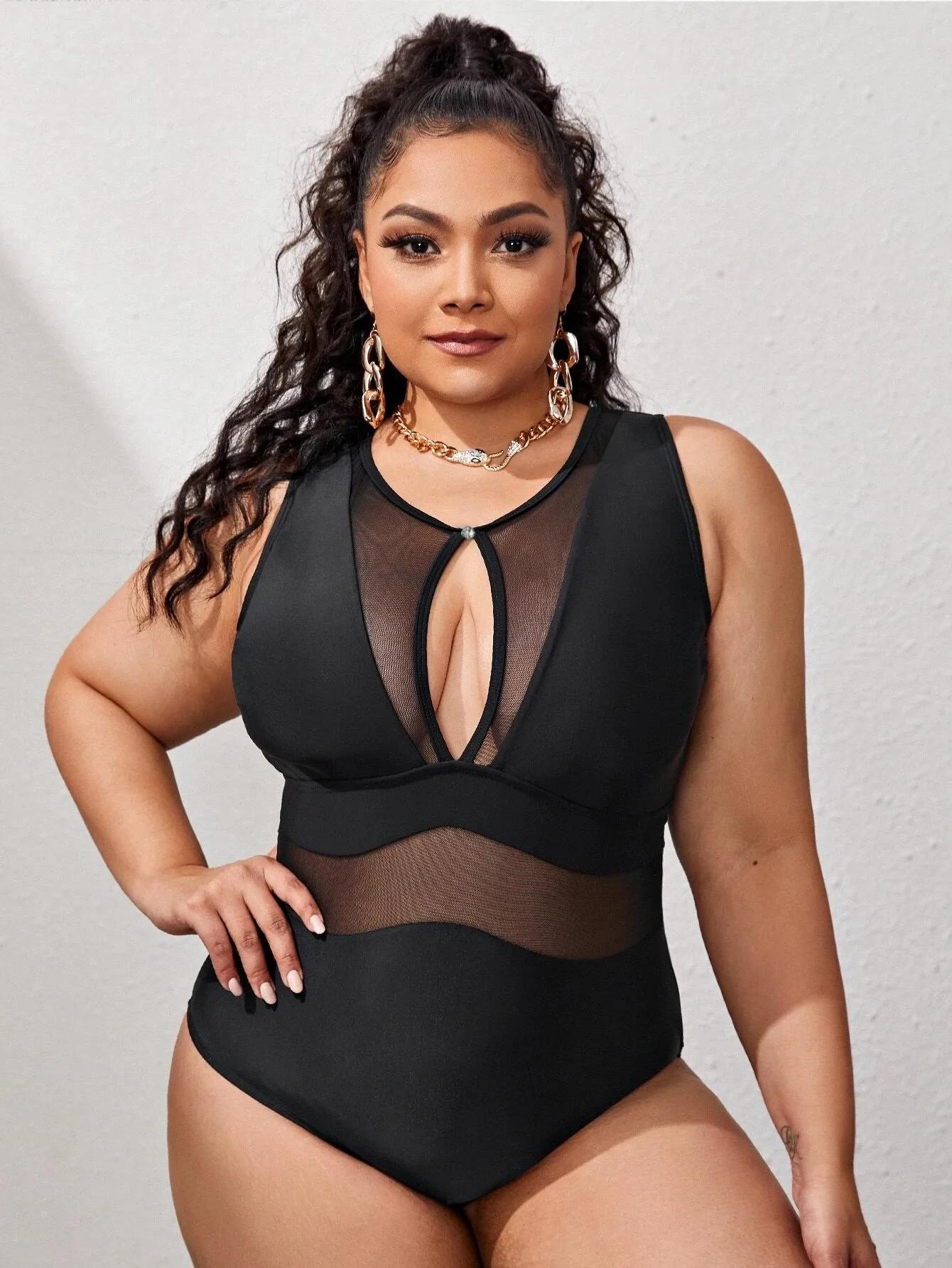 Maillot de bain une pièce noir maille 2026 grande taille femme - Tenue de plage 4XL