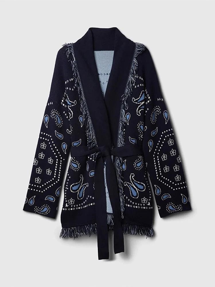 Cardigan imprimé Vintage avec pompons pour femme, col en v, manches longues, pull épissé, assorti av