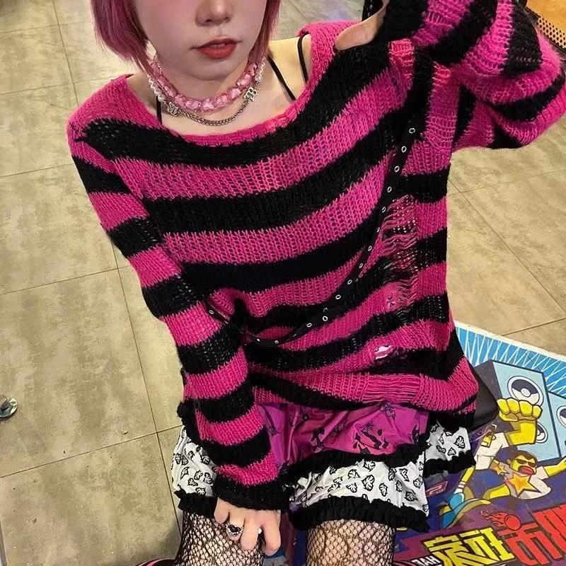 Nouveau Streetwear haut Punk gothique Long unisexe pull été femmes rayé Cool trou creux cassé pull a
