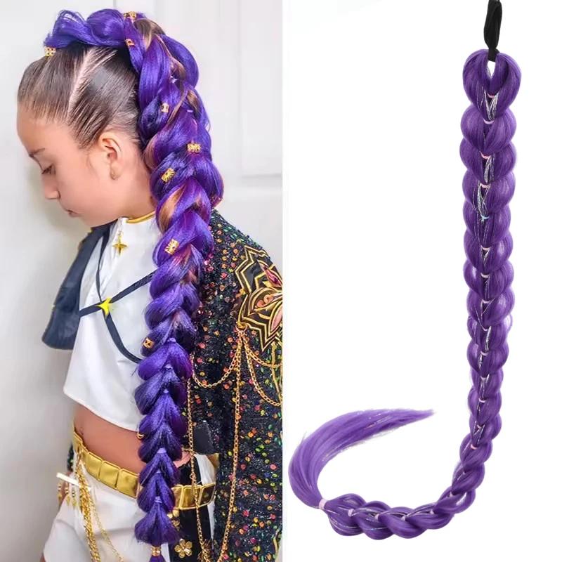 Queue de cheval synthétique tressée violette de 32 pouces avec paillettes, extensions super brillant