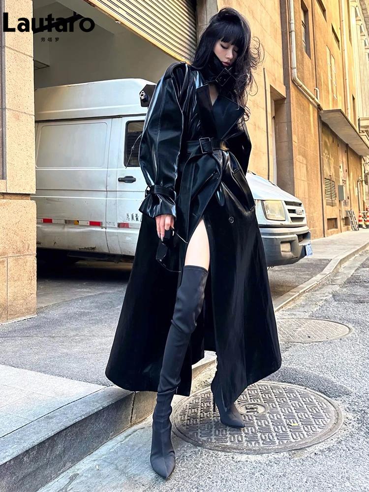 Lautaro printemps automne Extra Long surdimensionné Cool réfléchissant brillant noir en cuir verni T