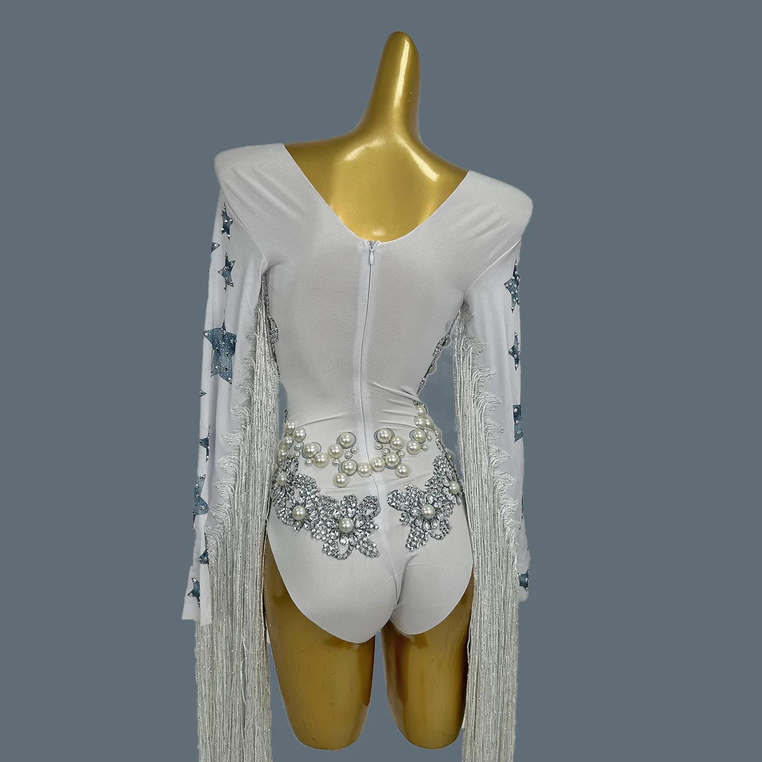 Justaucorps à Franges avec Strass et Grosses Perles pour Femme, Combinaison de Soirée à Long Pompon,