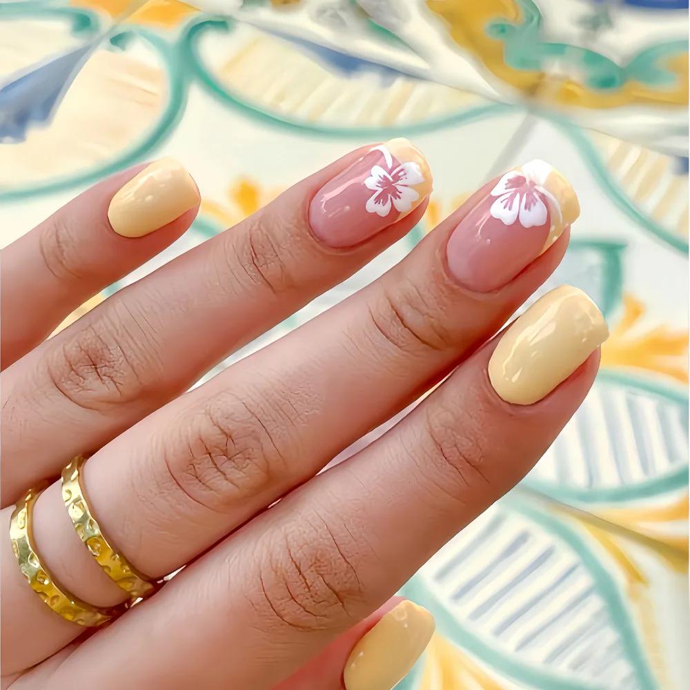 24 pièces fée fleur blanche faux ongles rose pointe française presse sur ongles court carré portable