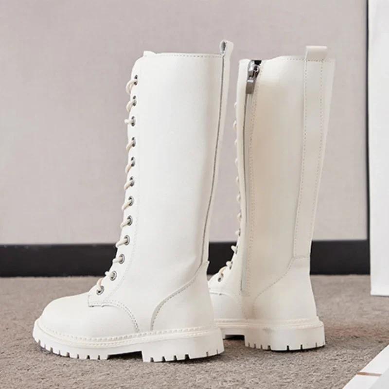 Bottes longues pour filles, hauteur des genoux, bottes de moto à la mode, plateforme souple en caout