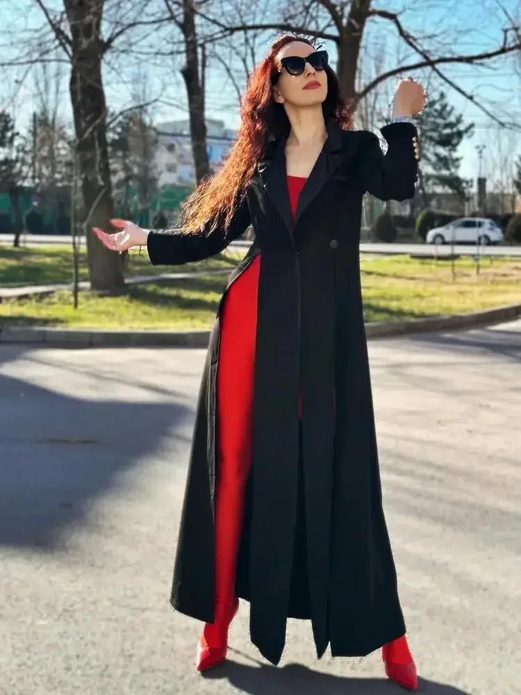 Missuoo – manteau Blazer Extra-long noir pour femme, col en v, manches longues, fendu sur le côté, v
