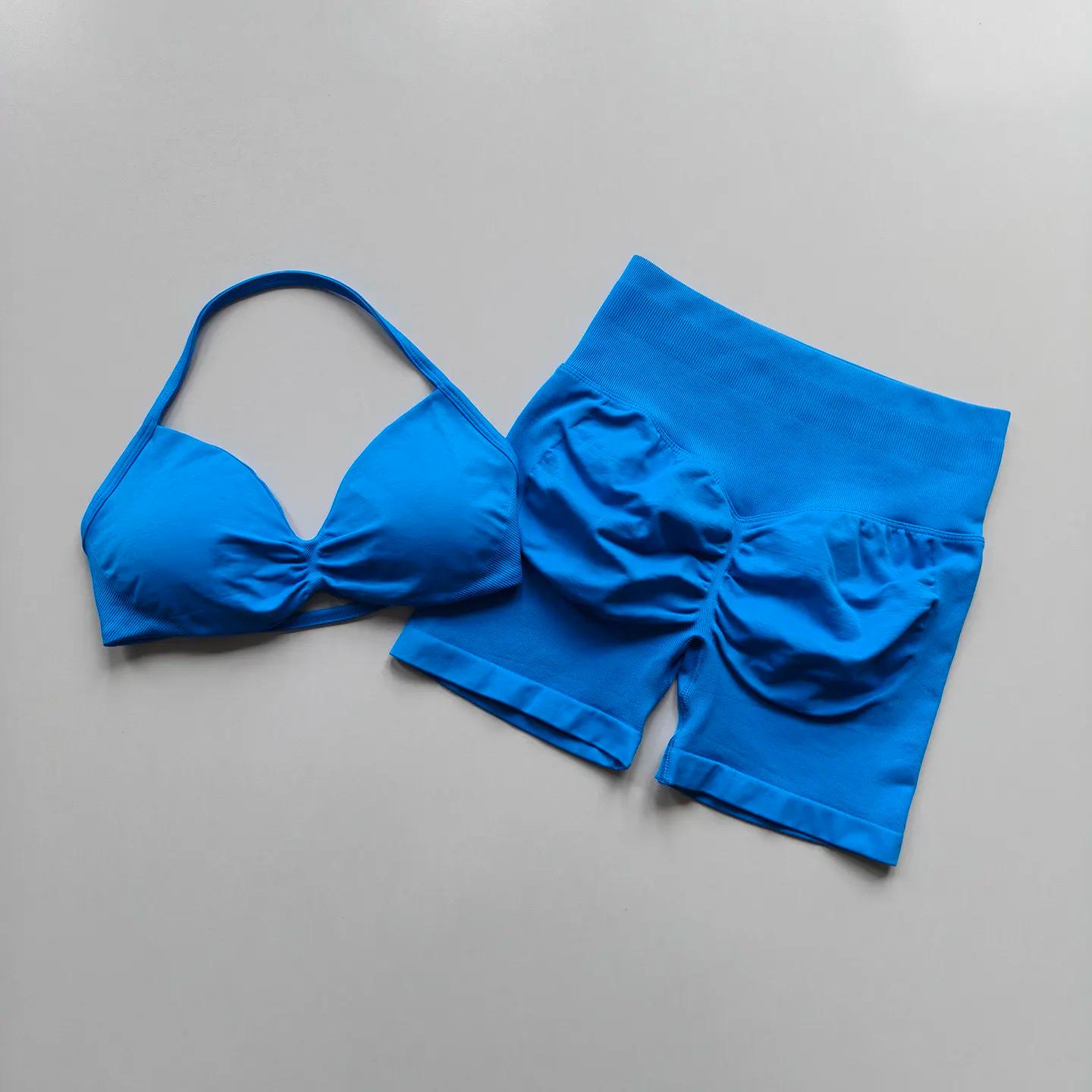 Ensemble de yoga deux pièces sans couture pour femme : soutien-gorge de sport push-up à col halter e