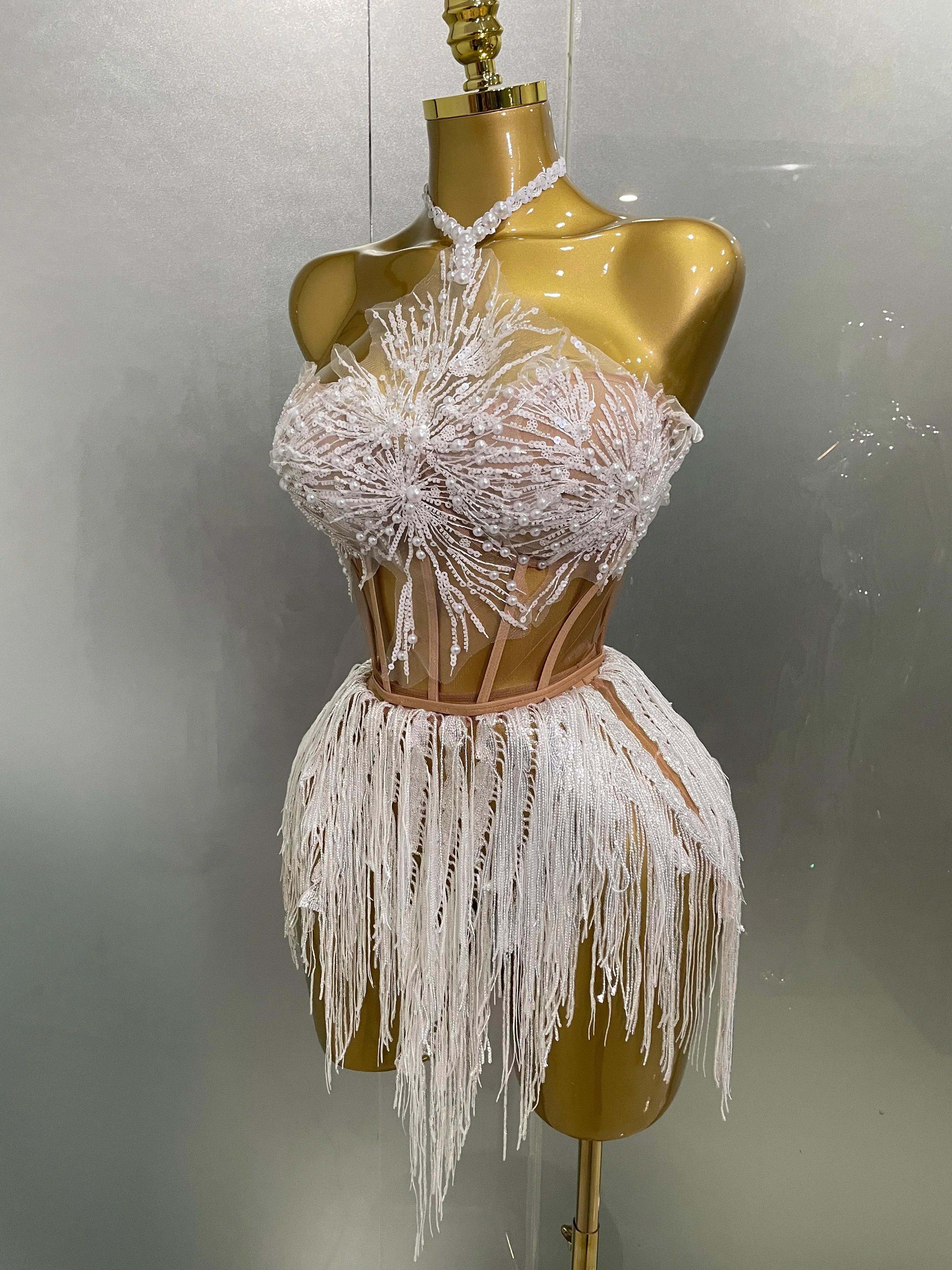 2025 Sexy perle paillettes gland sans manches paillettes Mini robe femmes chanteur Bar discothèque s