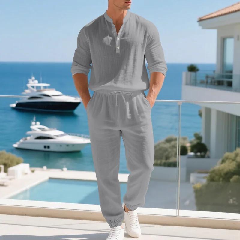 Ensemble américain en lin ample pour hommes, chemise hawaïenne fine Henry, pantalon à manches longue