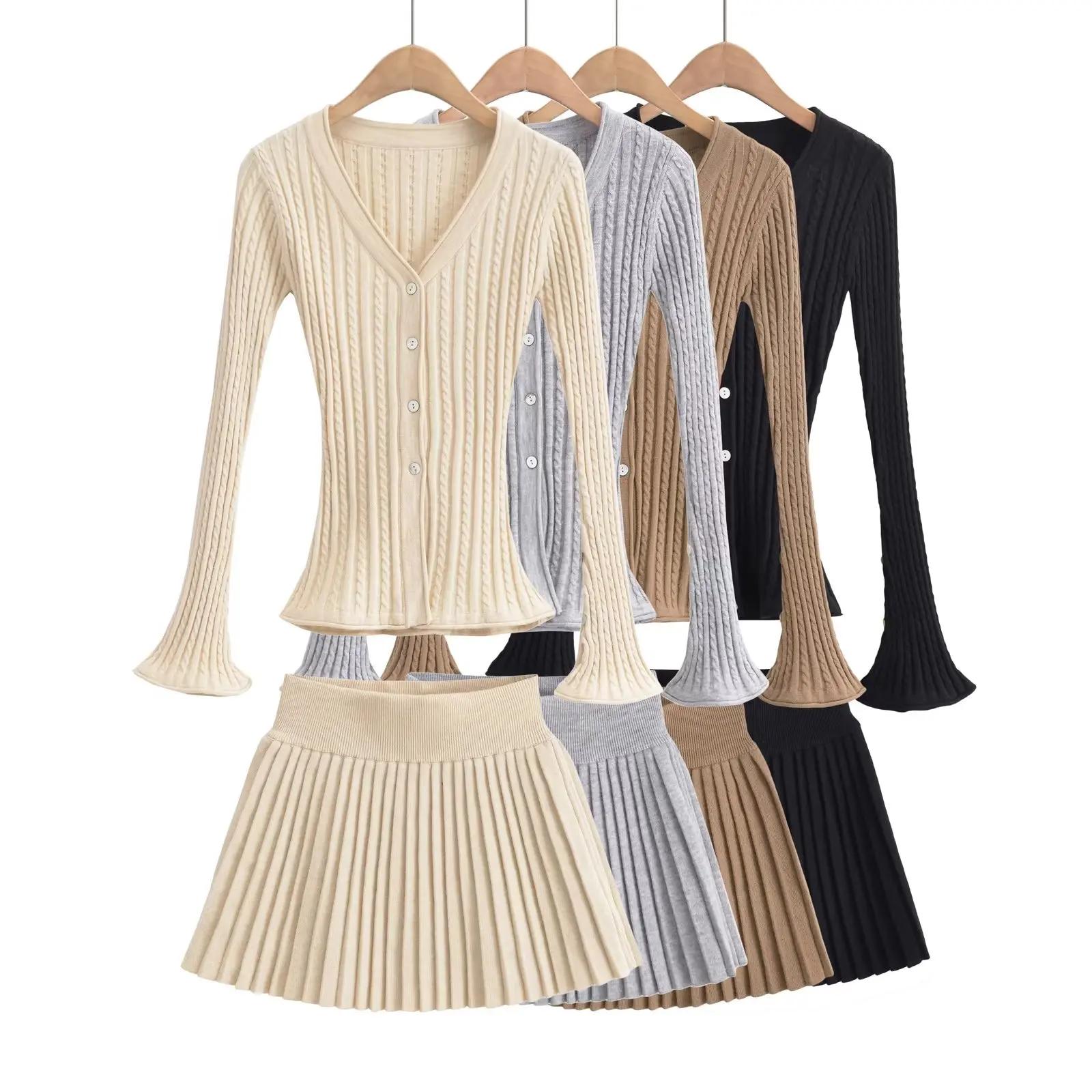 Cardigan en tricot torsadé à col en V pour femmes, taille élastique, mini jupe plissée, olympiques a
