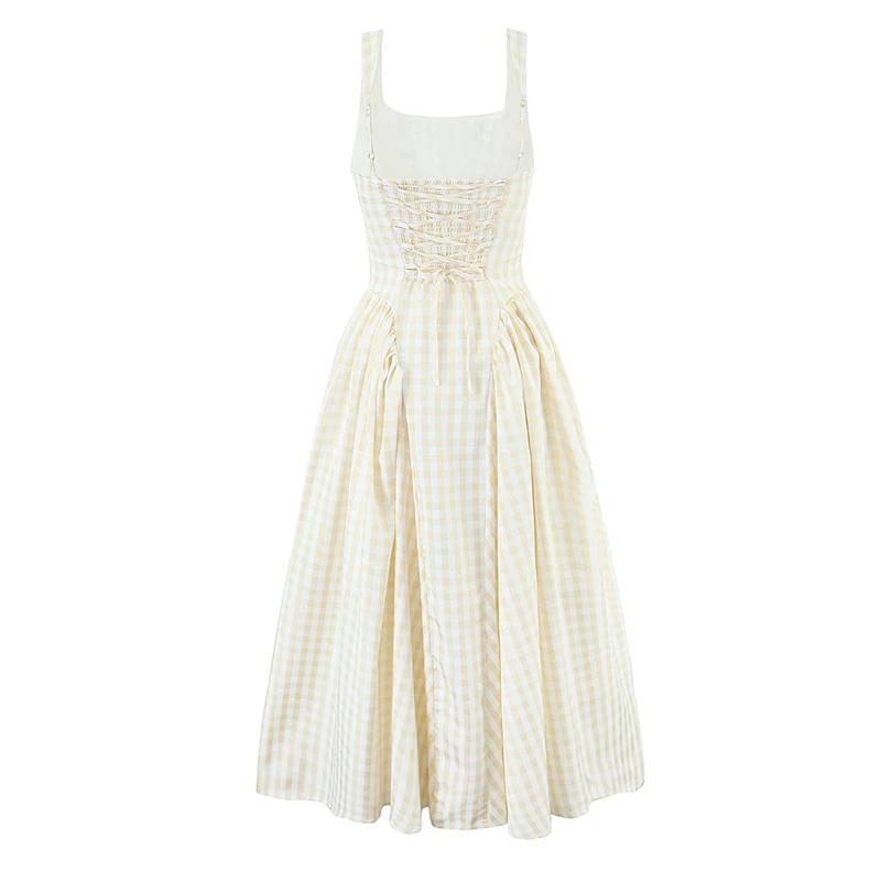YENKYE à lacets pansement Plaid Robe à bretelles femmes élégant col carré taille basse a-ligne Midi