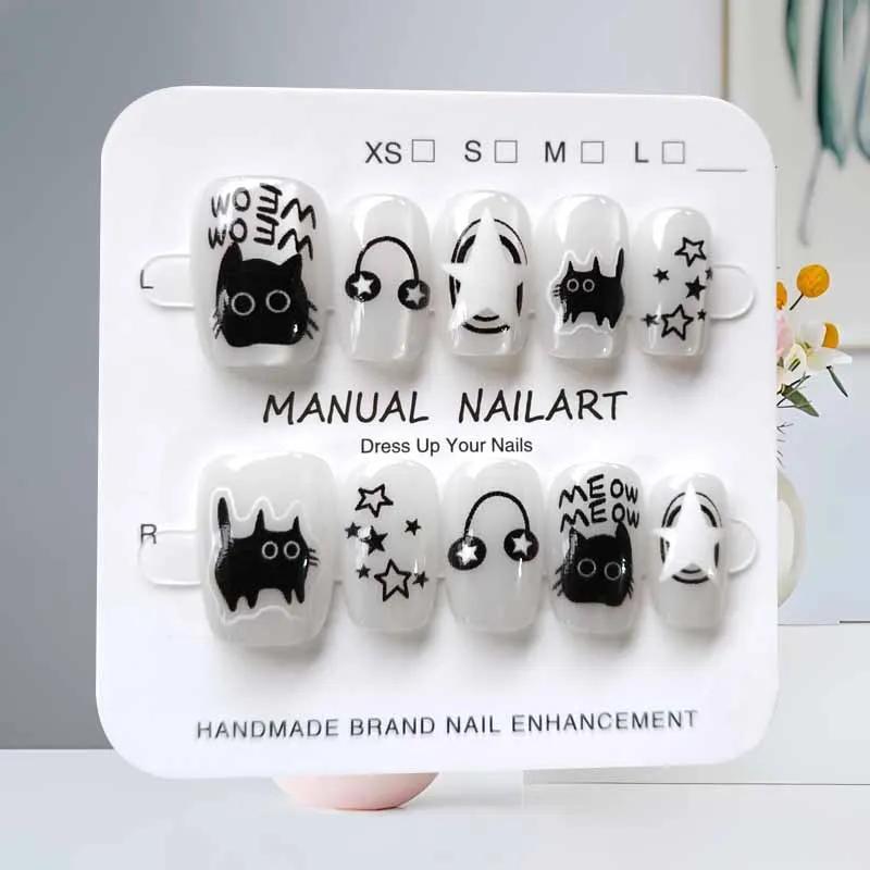 10 pièces dessin animé mignon chat noir bleu gris géométrie à la main presse sur les ongles tête car