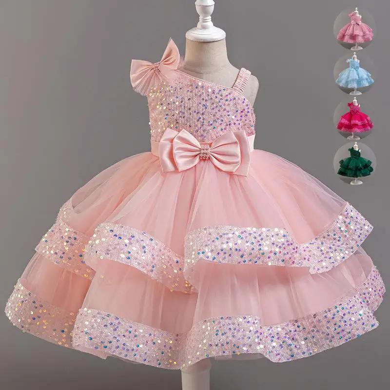 Robe de princesse en maille pour filles, avec nœud à paillettes, col irrégulier, pour fête d'anniver