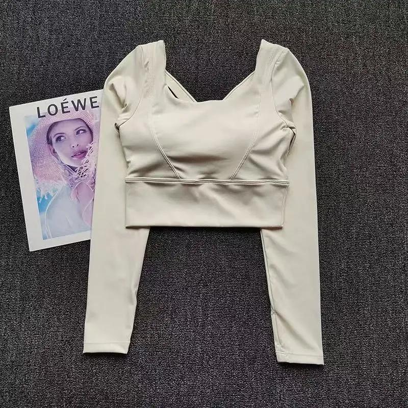 Dos nu, avec coussinets de poitrine, T-shirt de Yoga à manches longues antichoc, haut de sport respi