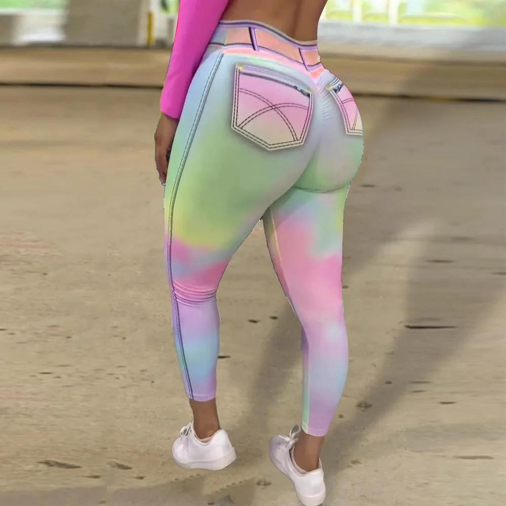 Leggings en Denim Imitation colorés pour femmes, pantalons de Yoga de sport de grande taille, tendan